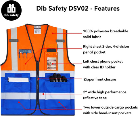 Dib Safety Hi Vis Reflective Safety Vest for Men Women with Pockets Zipper