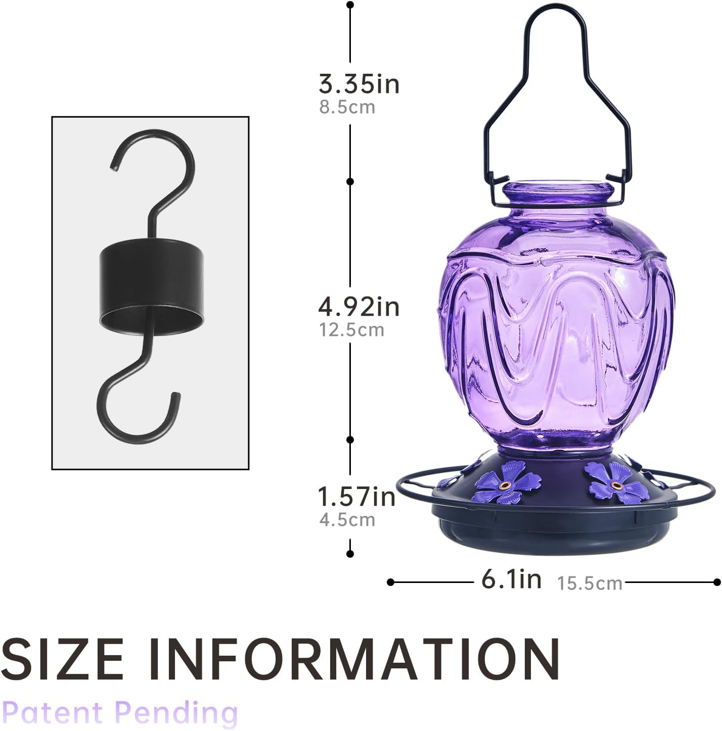 Glass Hummingbird Feeder for Outdoors Hanging,24Ozs Humming Bird Nectar Feeder Perch,5 Flower Feeding Ports, Leak Proof Base and Hook for Outside Garden Backyard Decor, Gifts for Women Mom,Purple