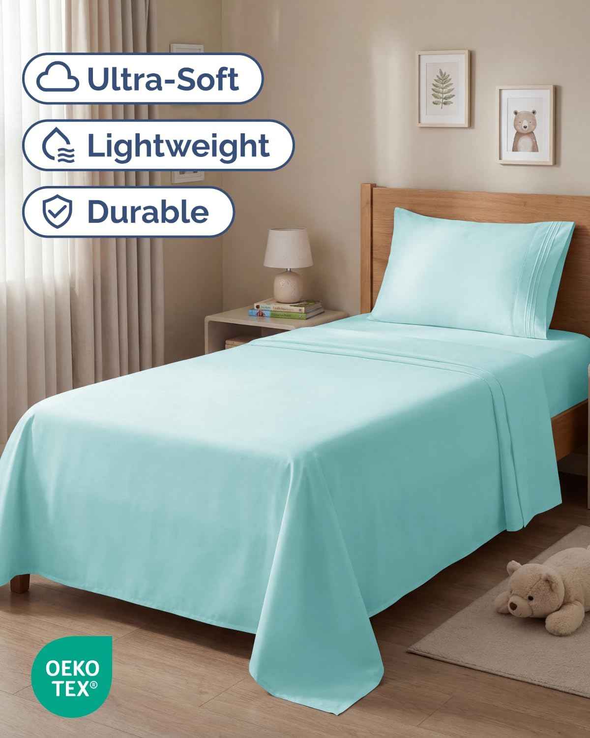 Twin Size 3 Piece Sheet Set - Comfy Breathable & Cooling Sheets - Spa Blue