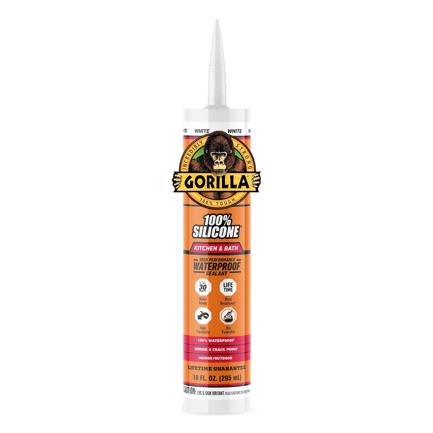 Gorilla 100% Silicone Caulk, Kitchen & Bath Sealant, White, 10 oz Cartridge