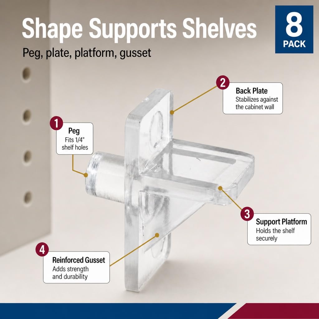 Prime-Line 1/4", Clear Plastic, Shelf Support Peg (8 Pack)