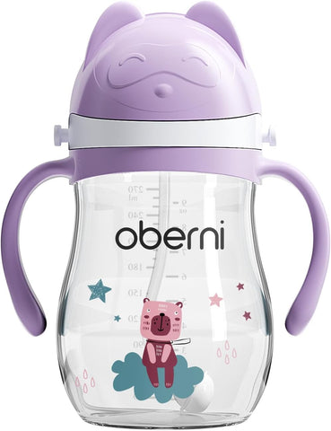 Oberni Tritan Sippy Cup, 270ml/9oz Baby Water Drinking Bottle with Removable Handle and Strap, Leak-Proof Training Cup for 12M+/1 Years+ Toddlers, Purple/Pack of 1