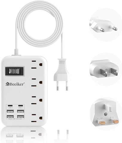 European Travel Plug Adapter, US to Europe Power Strip,6 USB,4 Outlets,3ft