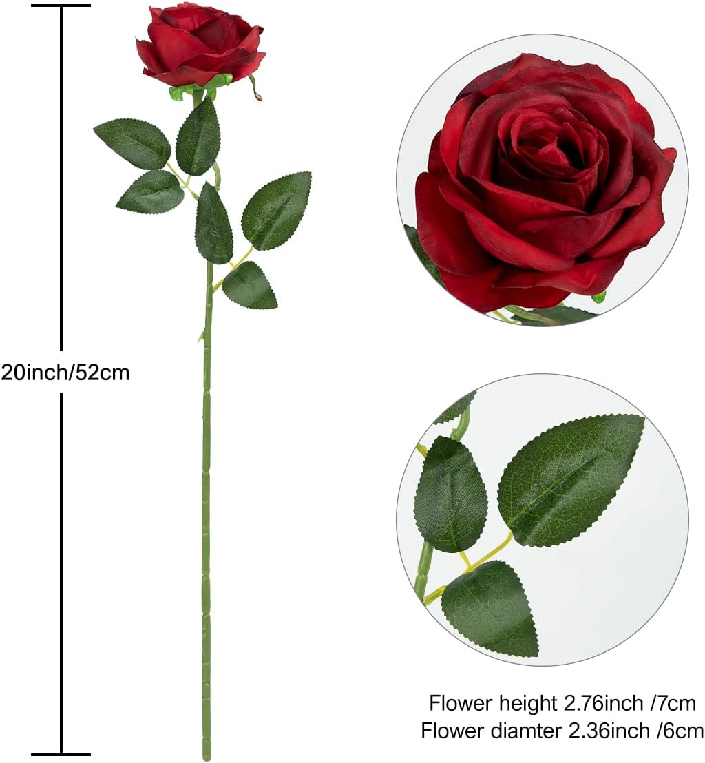 Hawesome 12PCS Artificial Silk Flowers Realistic Roses Bouquet Long Stem for Home Wedding Decoration Party (Burgundy, 12Pcs Flowers)