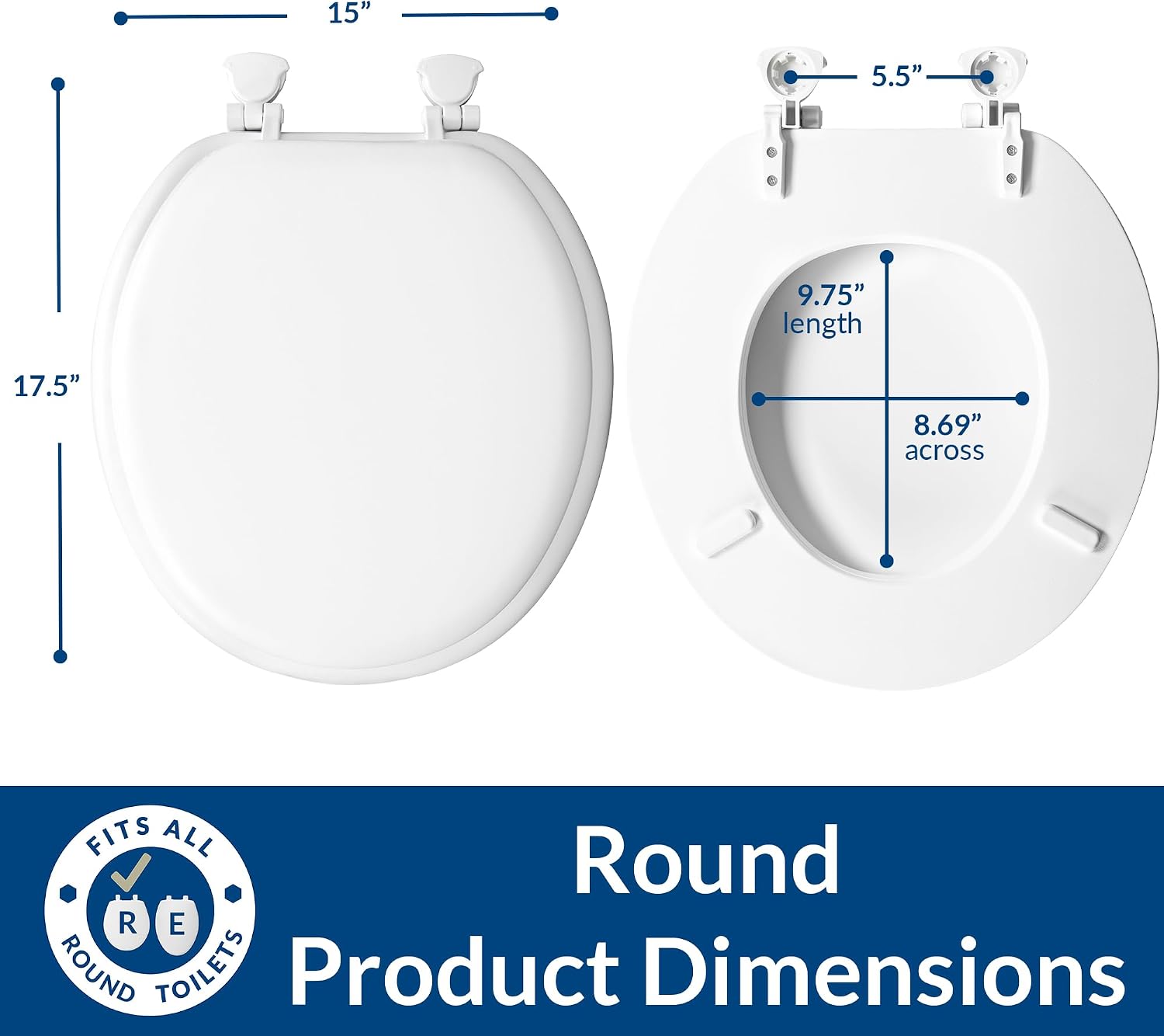 Mayfair Padded Toilet Seat, Cushioned Soft Vinyl over Wood Core Seat, Secure Hinges, Easy Clean, Made in USA, Round, Black