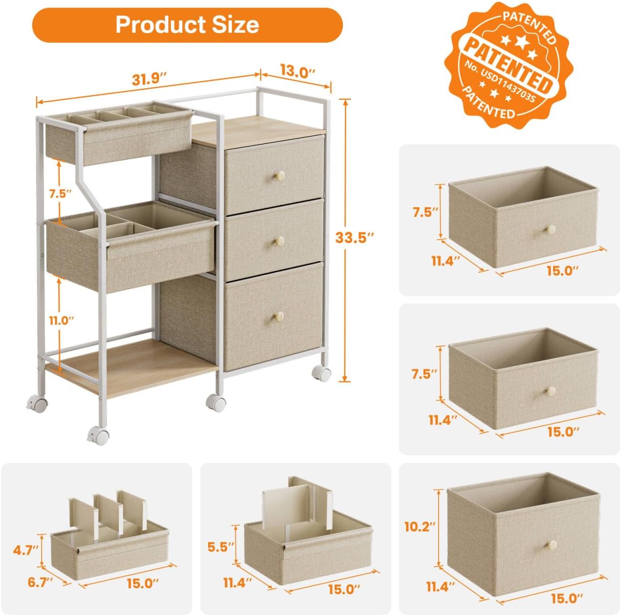 Modanais Baby Diaper Caddy Organizer Rolling Cart with Drawers, Off White