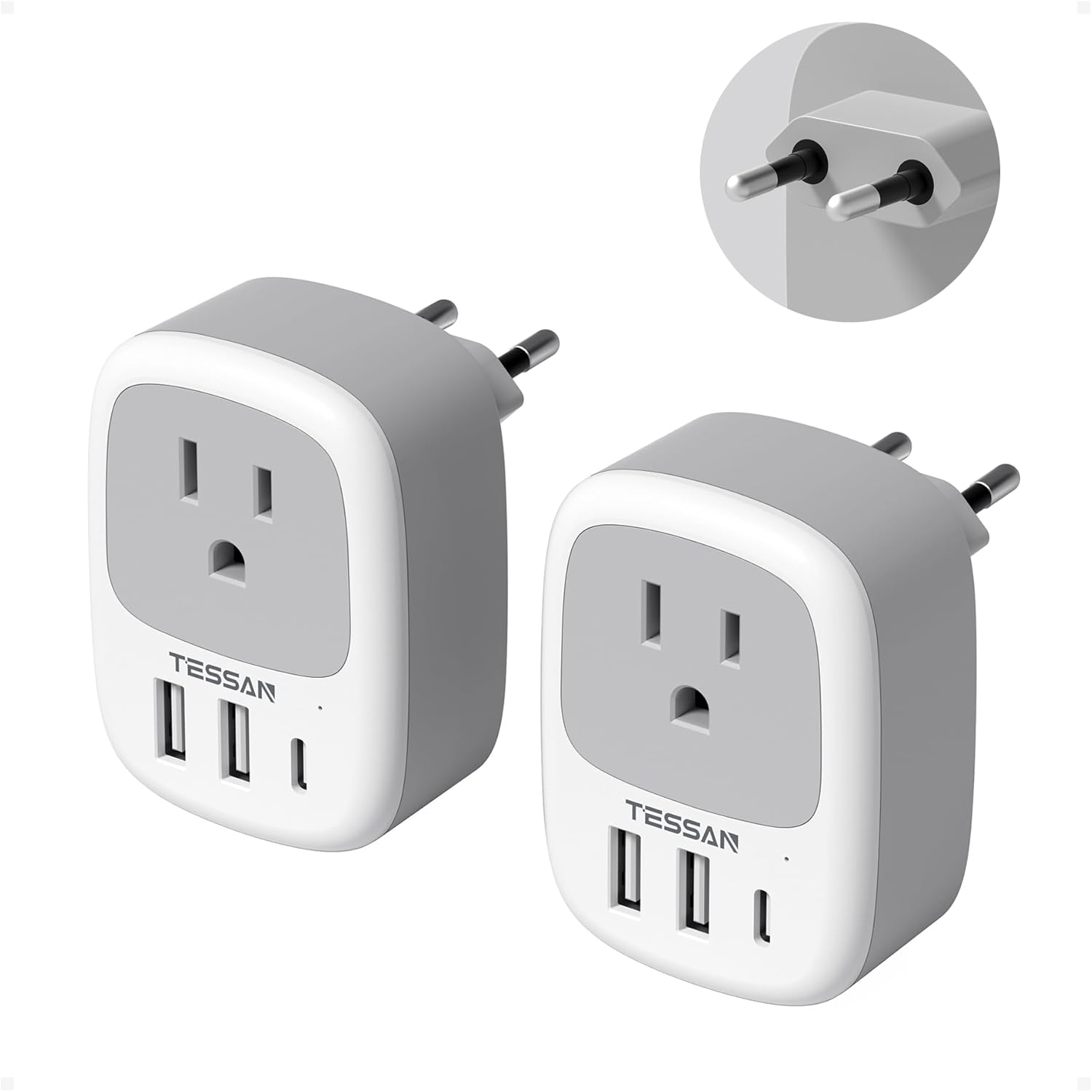 TESSAN 2 Pack European Travel Plug Adapter, US to Europe Plug Adapter