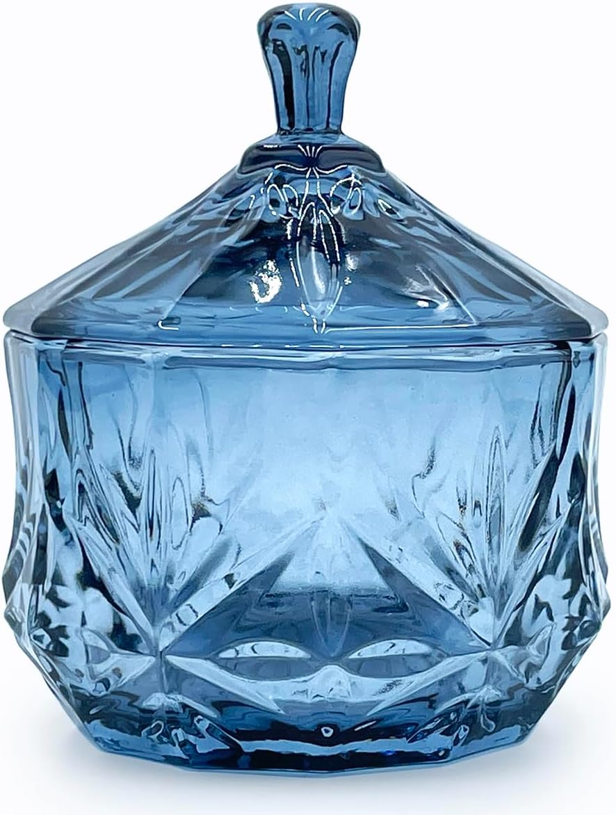 8oz Glass Candy Dish with Non-Airtight Lid,Small Crystal Candy Jar for Office Desk,Cotton Round Holder,Office,Bathroom,Dining Room Organizer (Gray Blue)