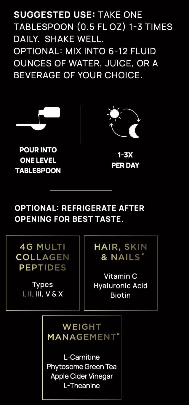 Premium Liquid Collagen for Women Weight Loss & Beauty w. Hyaluronic Acid, Biotin, L-Carnitine, ACV - Ultra Pure Multi Collagen Protein Shots Drink Hair Skin Liquid Vitamins, Colageno (Peach Ring)