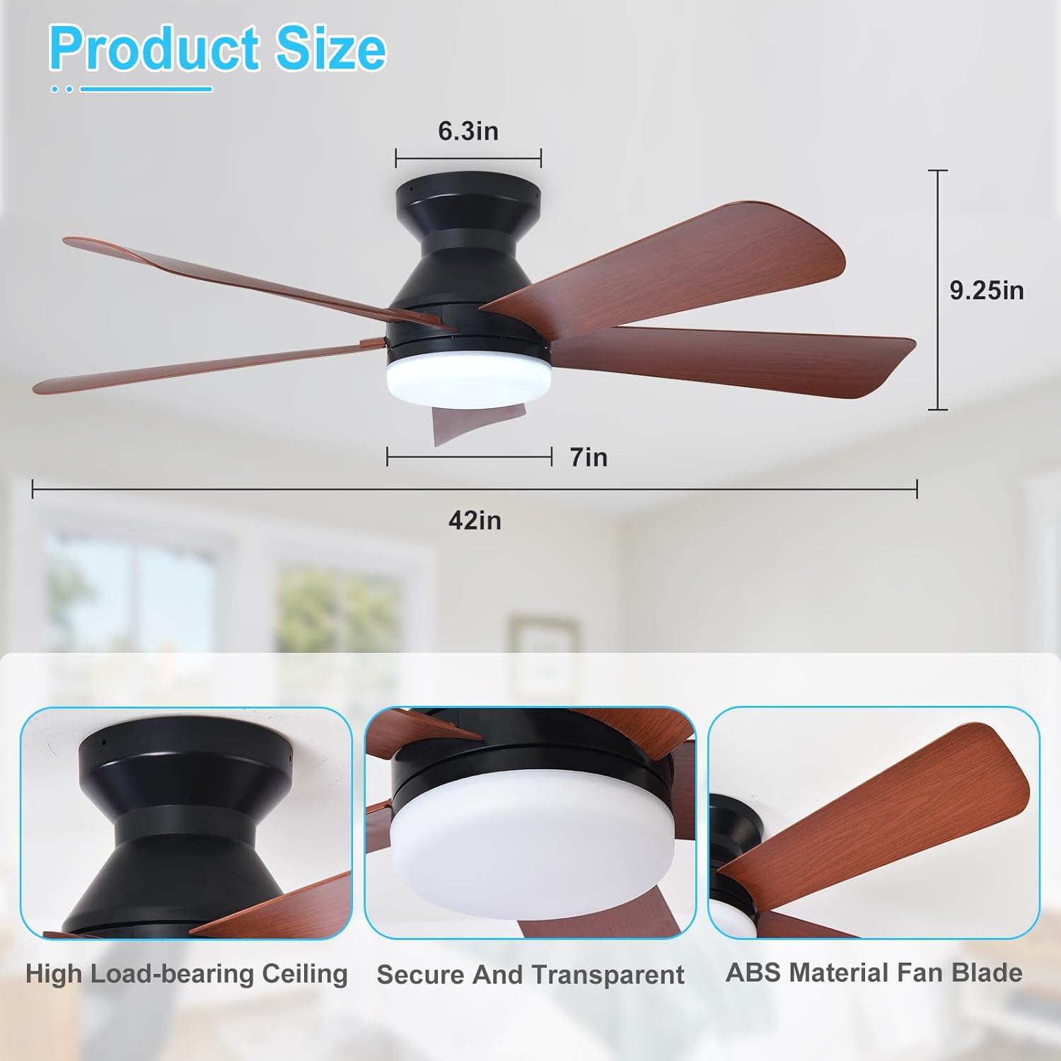 Depuley Modern Ceiling Fan with Light: 42-Inch Black Small Fans for Bedroom Indoor Outdoor - Dimmable Low Profile Ceiling Fans with Remote Control Flush Mount 5 Reversible Walnut Blades 6 Speeds Timer