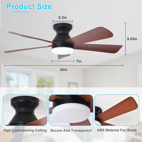 Depuley Modern Ceiling Fan with Light: 42-Inch Black Small Fans for Bedroom Indoor Outdoor - Dimmable Low Profile Ceiling Fans with Remote Control Flush Mount 5 Reversible Walnut Blades 6 Speeds Timer