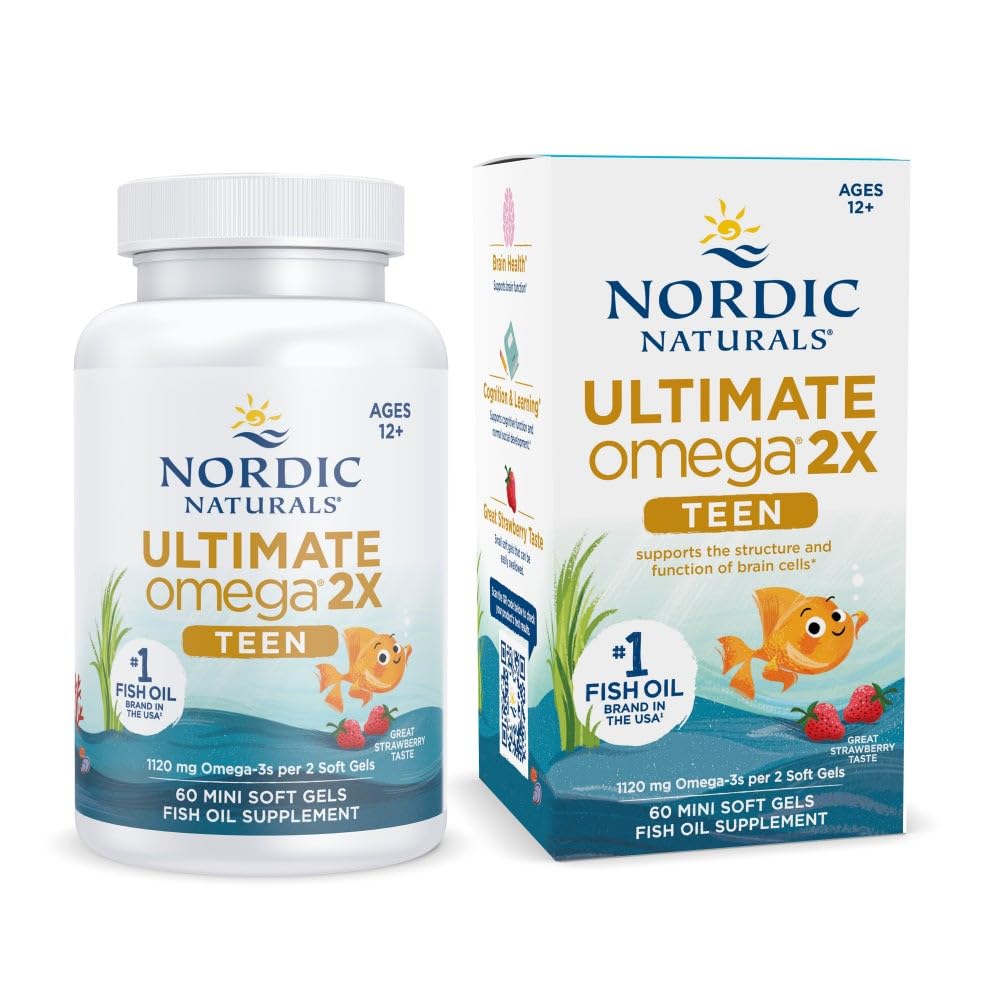 Nordic Naturals Ultimate Omega 2X Teen, Strawberry - 60 Mini Soft Gels - 1120 mg Total Omega-3s with EPA & DHA - Brain Health, Positive Mood, Social Development, Learning - Non-GMO - 30 Servings