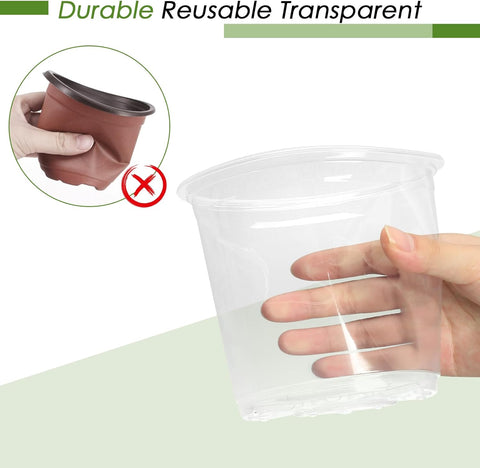 FUIJOL 5 Inch Clear Nursery Pots for Plants with Sacuers 15 Pack, Plastic Flower Pots with Drainage Holes, Variety Pack Seedlings Garden Pot for Indoor Outdoor (5 inch)