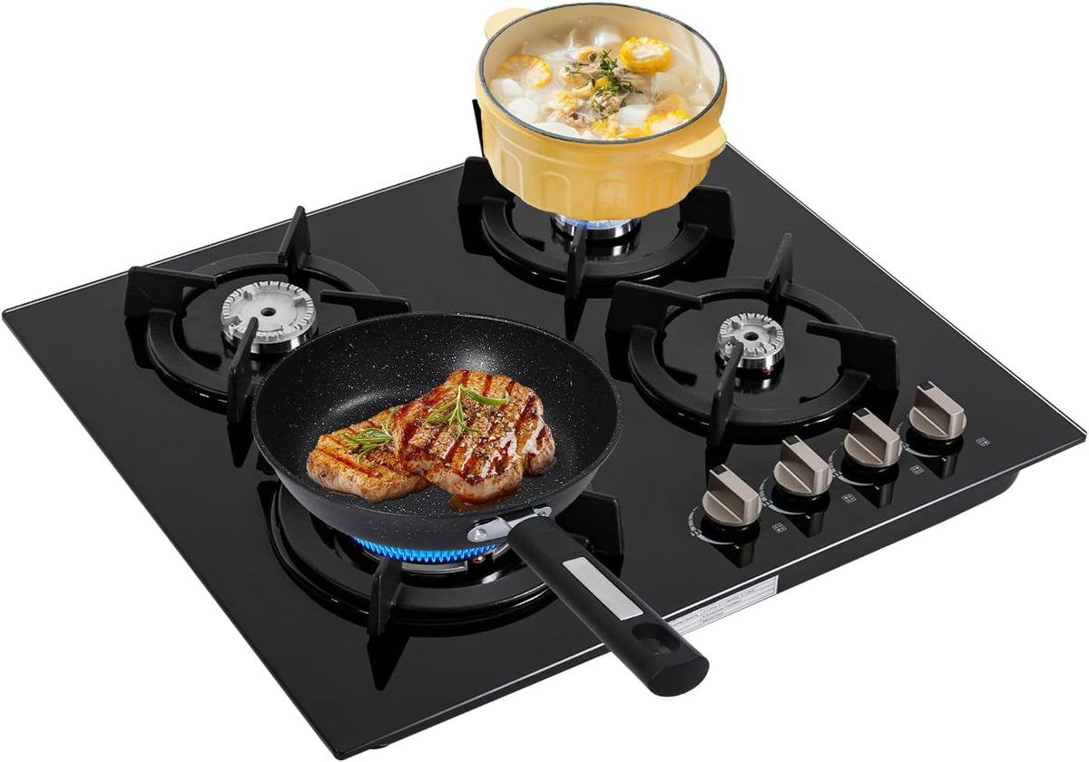 4 Burner Gas Cooktops, Built-in Countertop Gas Stove NG/LPG Tempered Glass Electronic Ignition Hob with Tempered Glass Panel for Home Kitchens, Restaurants，RV and Outdoor Use