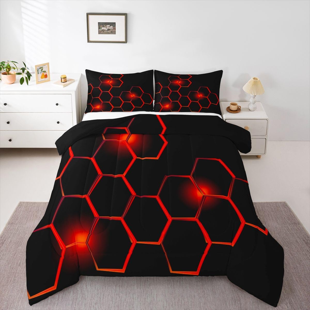 Feelyou Honeycomb Kids Comforter Set Modern Hexagon Bedding Set for Boys
