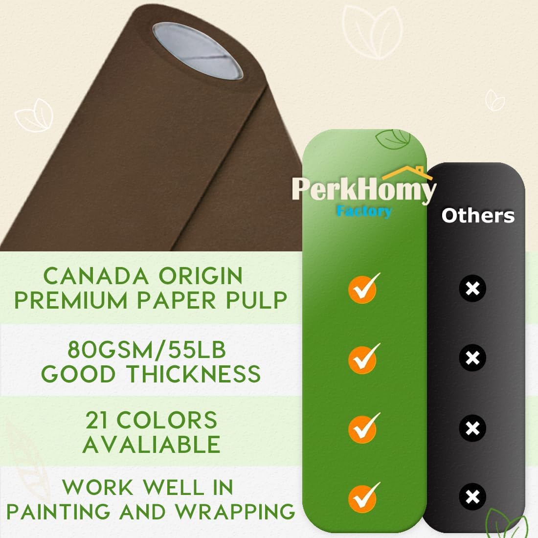 PerkHomy 48" x 1,440" (120') Coffee Kraft Paper Roll for Craft Bulletin Board Paper Art Table Covering Crafting Gift Wrapping Bouquet Packing Parcel 80GSM 55LB (Coffee, 48" x 120')