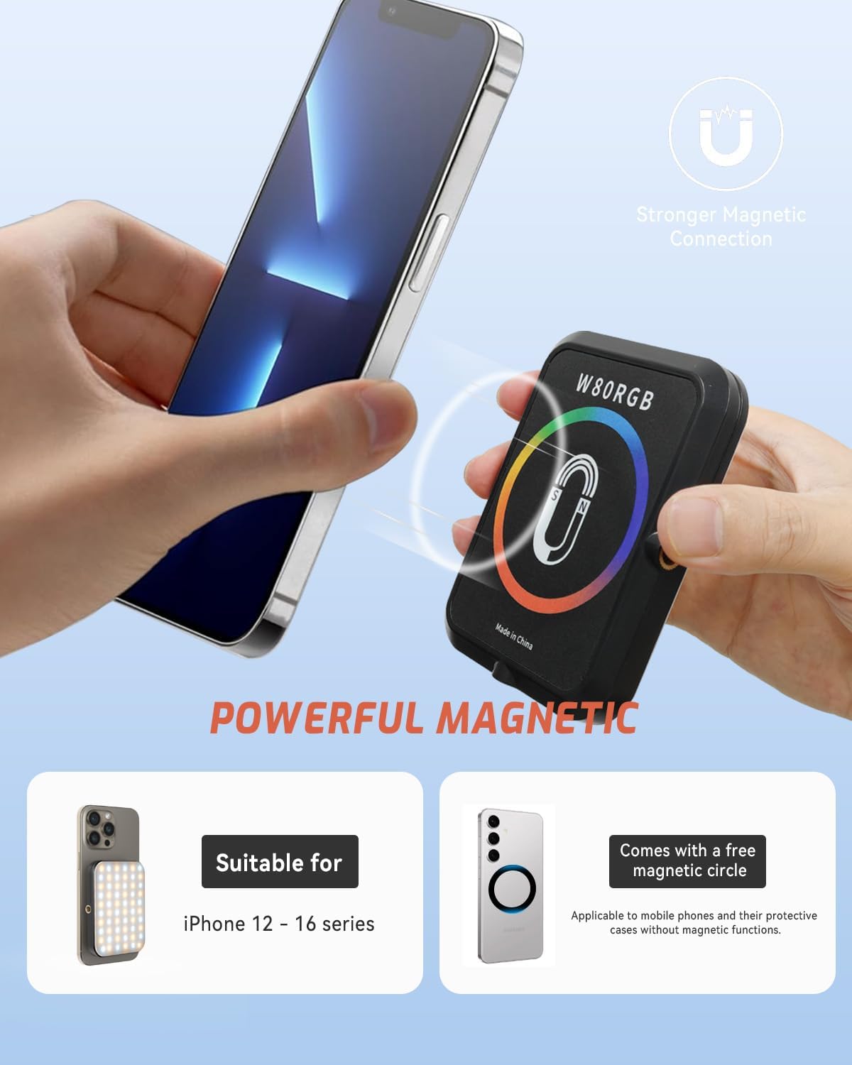 Portable Selfie Light for iPhone: Rechargeable Phone Fill Lights, Ring Light for Camera Picture, Makeup Photo, Video Conferences, Laptop Use, Zoom Meetings, TikTok, Vlog Photography Magnetic RGB