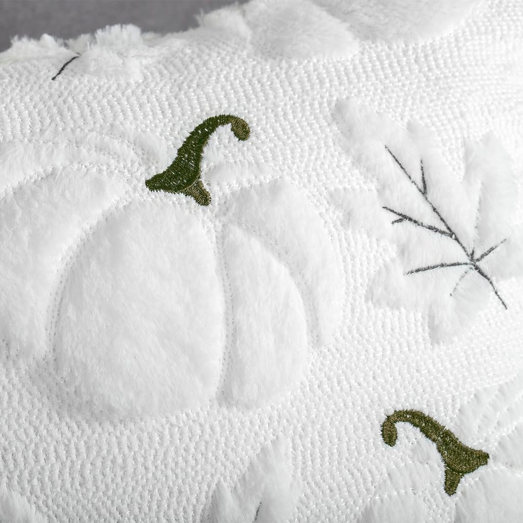 4TH Emotion Fall Pumpkins Leaves Decorative Pillow Covers 18"x18" Set of 2, White Soft Plush Faux Fur Throw Cushion Cases for Autumn Thanksgiving Holiday Home Decorations