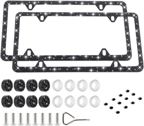 FIISFIIS Bling License Plate Frame for Women,2 Pack Premium Rhinestone Car License Plate Holder,Handmade Glitter Crystal Diamond Lincense Plate Cover for Girl,Bedazzled Sparkly Caps-4Hole Black