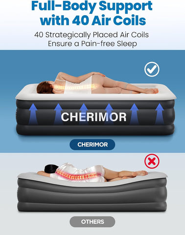 CHERIMOR Queen Air Mattress with Built-in Pump 18in, Upgraded 40 Air-Coil