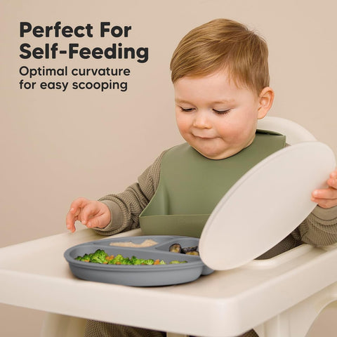 KeaBabies Suction Plates with Lids for Baby, 3pk, BPA-Free Silicone, Slate