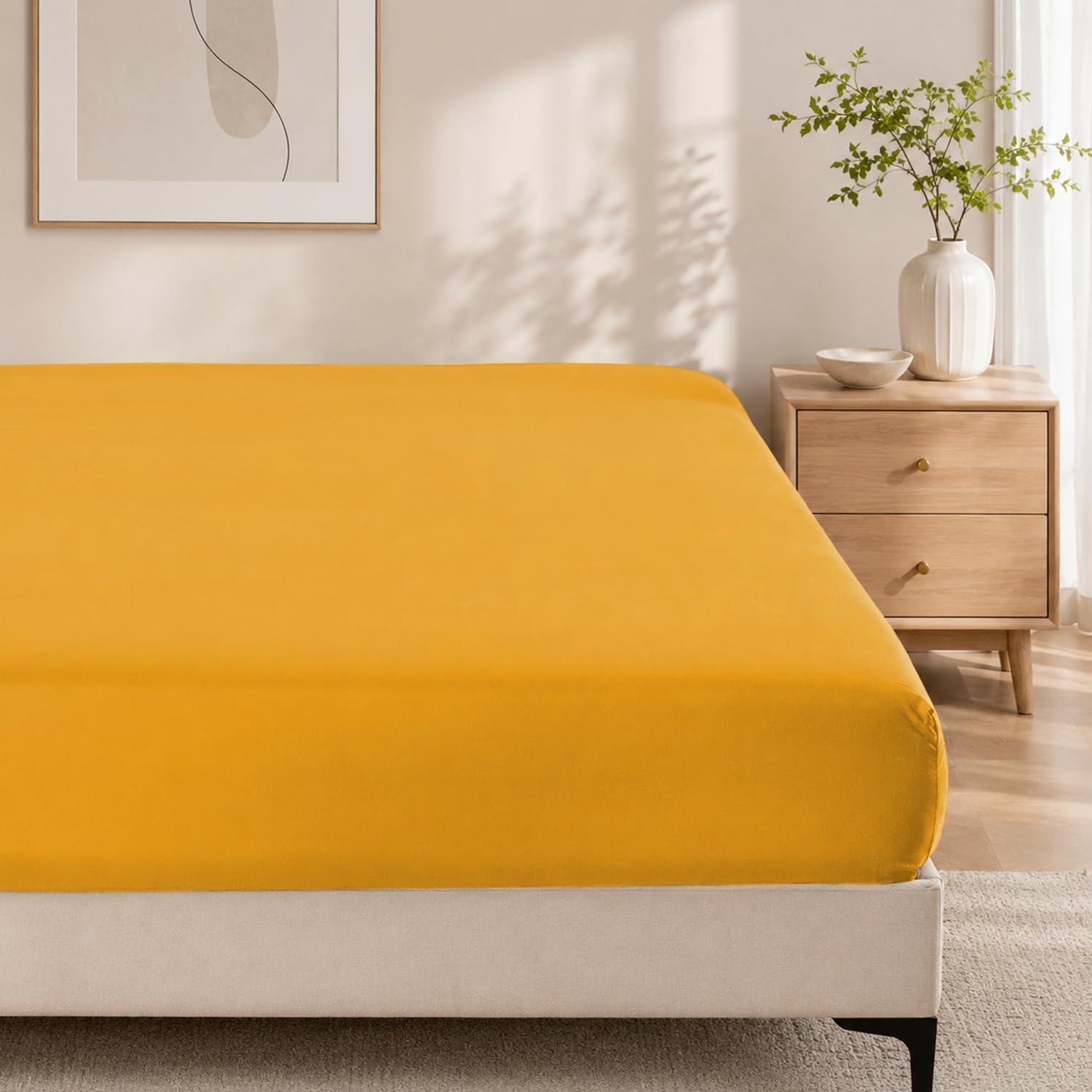ROSE&RISY Lemon Yellow Queen Fitted Sheet, Soft and Breathable for Cozy Sleep, Cooling Fitted Sheet, 16“ Deep Pocket, 1 Pack (Lemon Yellow, Queen Size)