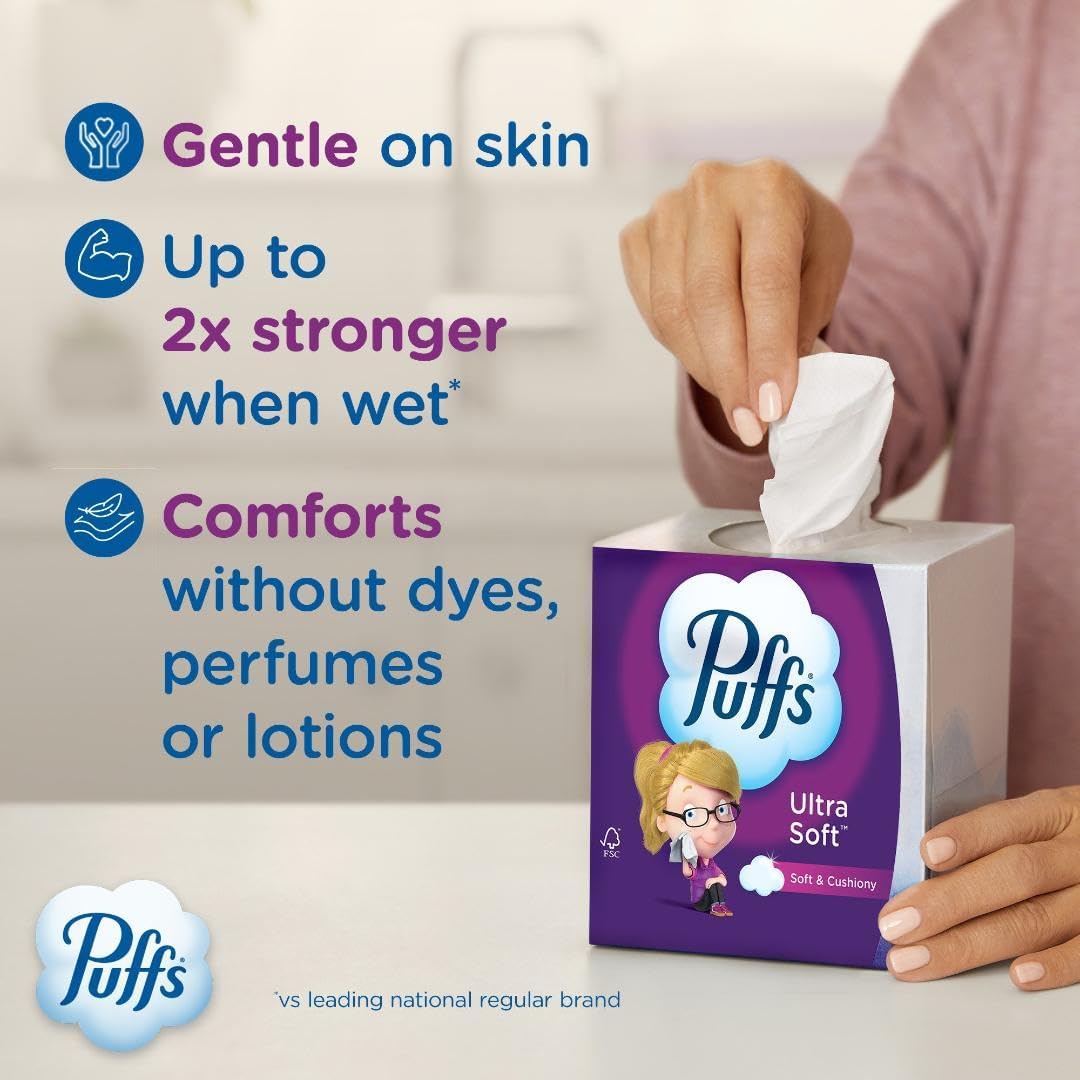 Puffs Facial Tissues Ultra Soft, 24 Family Rectangle Boxes, 124 Facial Tissues per Box, Allergies and Colds (Packaging May Vary)