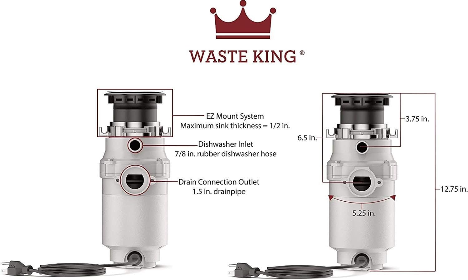 Moen L-1001 Waste King 1/2 HP Garbage Disposal with Power Cord