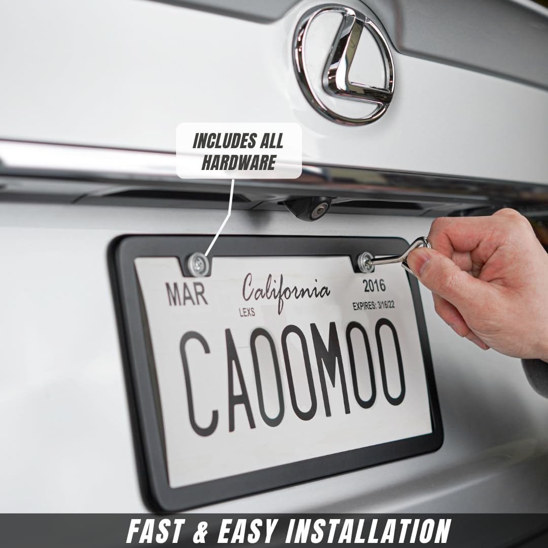 SunplusTrade License Plate Frame Black Matte Powder Coated Aluminum with Screw Caps (2 Pieces)