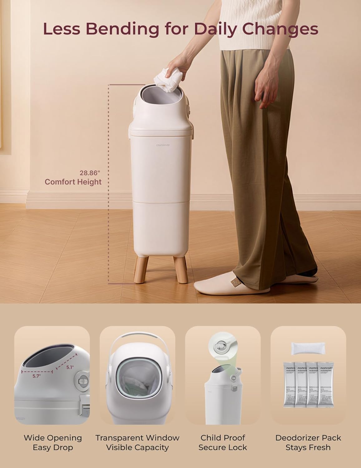 Momcozy Diaper Pail, Triple-Seal Odor Control, Fits Standard Trash Bags