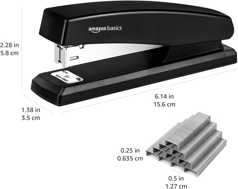 Amazon Basics Office Stapler with 1000 Staples, 25 Sheet Capacity, Non-Slip, Black, Home Office