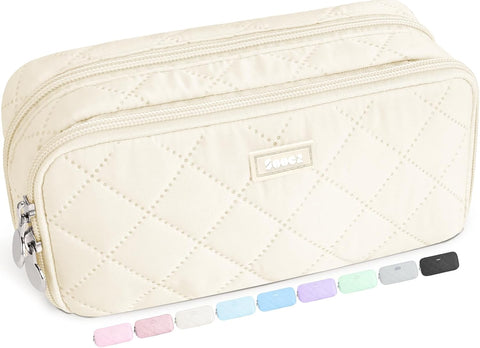 Sooez Large Pencil Case Pouch, Extra Big Pencil Bag with 8 Compartments, Pen Bag Wide Opening, Soft Quilted Pencil Pouch Organizer with Zipper, Portable Pencil Case for Teen Girls, Beige