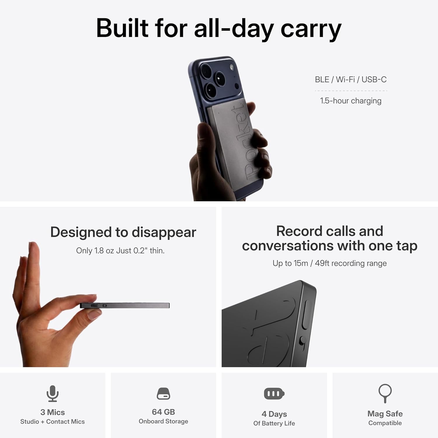 Pocket AI Voice Recorder, Auto Transcription, AI Note Taker, Space Grey