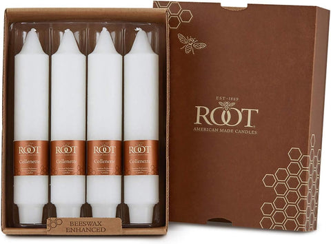 Root Candles 4-Count Unscented Dinner Candles Dripless Beeswax Enhanced Timberline™ Collenette Boxed Candle Set, 7-Inch, White