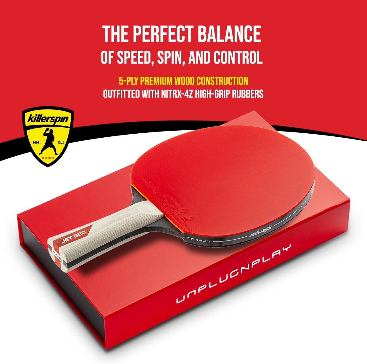 Killerspin Jet 600 Spin N2 Ping Pong Racket – Advanced Table Tennis Racket, 5 Layer Wood Blade, Nitrx-4Z Rubbers, Flared Handle