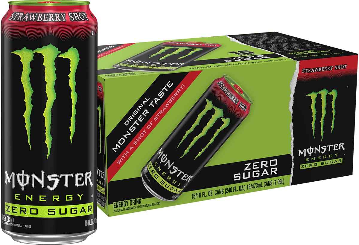 Monster Energy Zero Sugar Strawberry Shot, Green, Original, Free Energy Drink, 16 Ounce Can (Pack of 15)