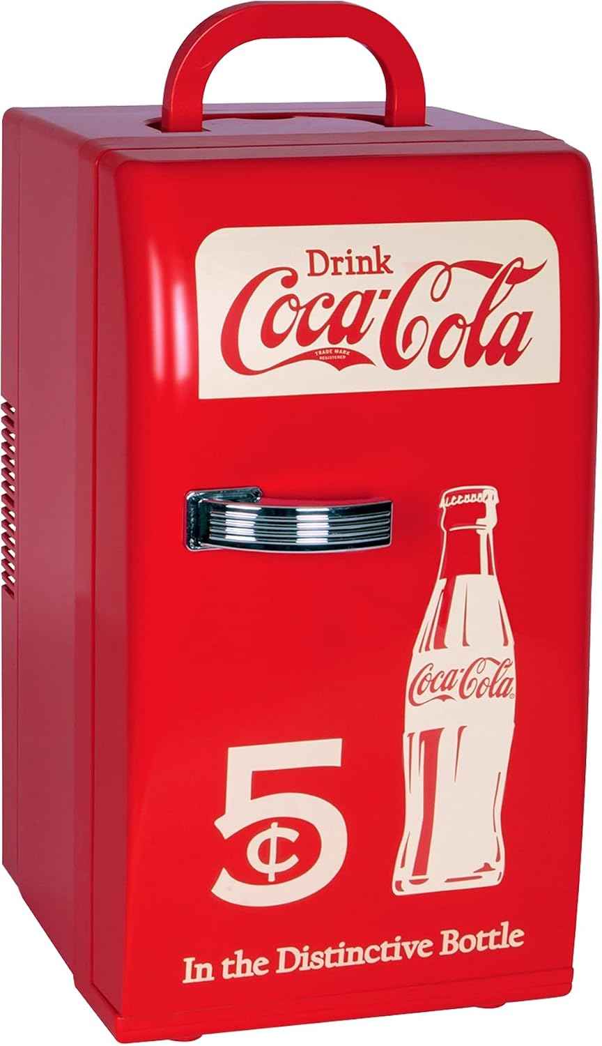 Coca Cola Mini Fridge - Refrigerator for Bedroom Office, Portable Table Top Beverage Cooler, 12V 110V Refrigerador For Drink, Soda, Wine, Use In Car, Dorm, Outdoor, Patio,18 Can
