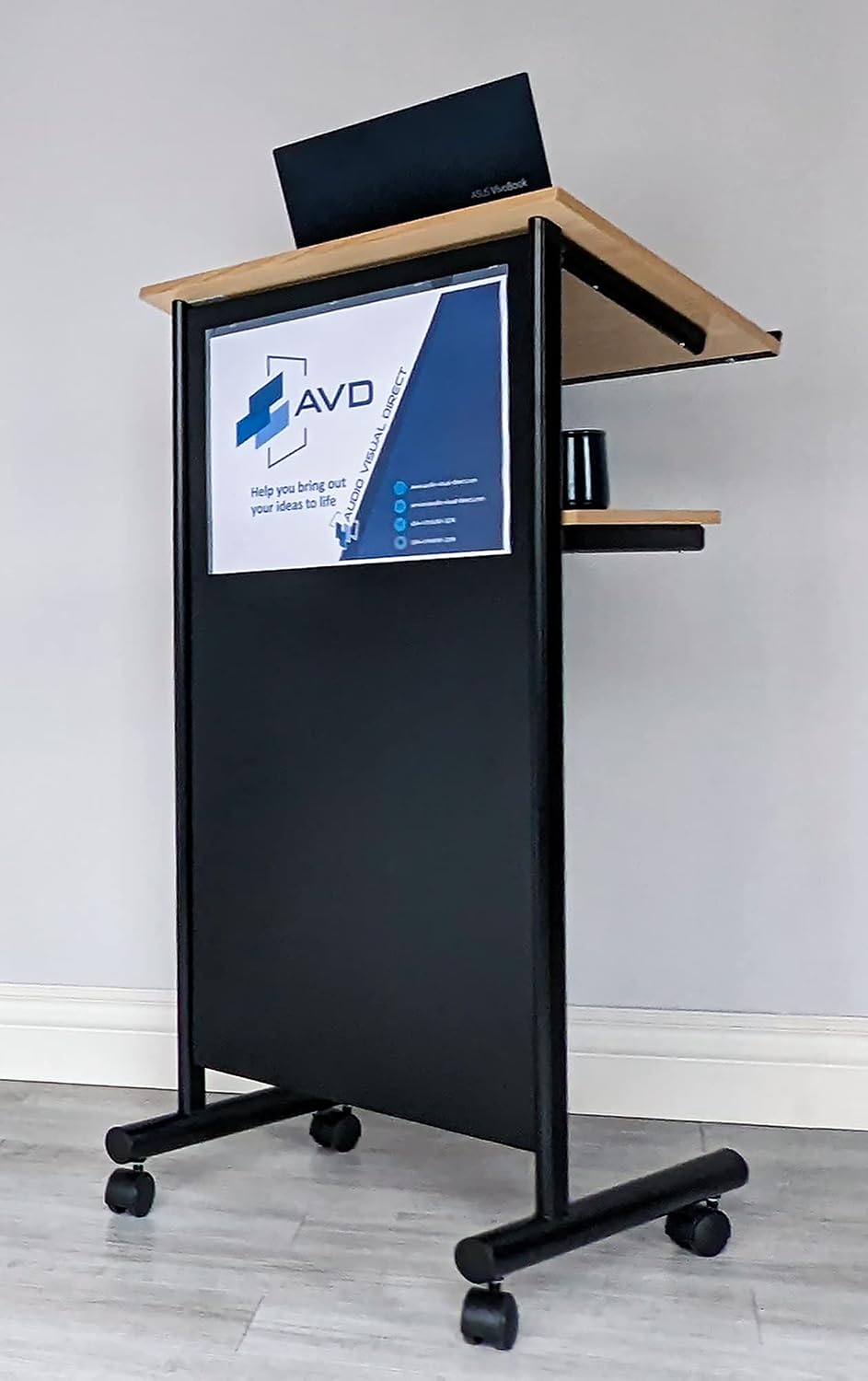 Audio-Visual Direct Wheeled Lectern - Standing Desk with Storage Shelf - Beech/Black - Ideal for Presentations and Laptop Use