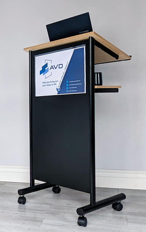 Audio-Visual Direct Wheeled Lectern - Standing Desk with Storage Shelf - Beech/Black - Ideal for Presentations and Laptop Use