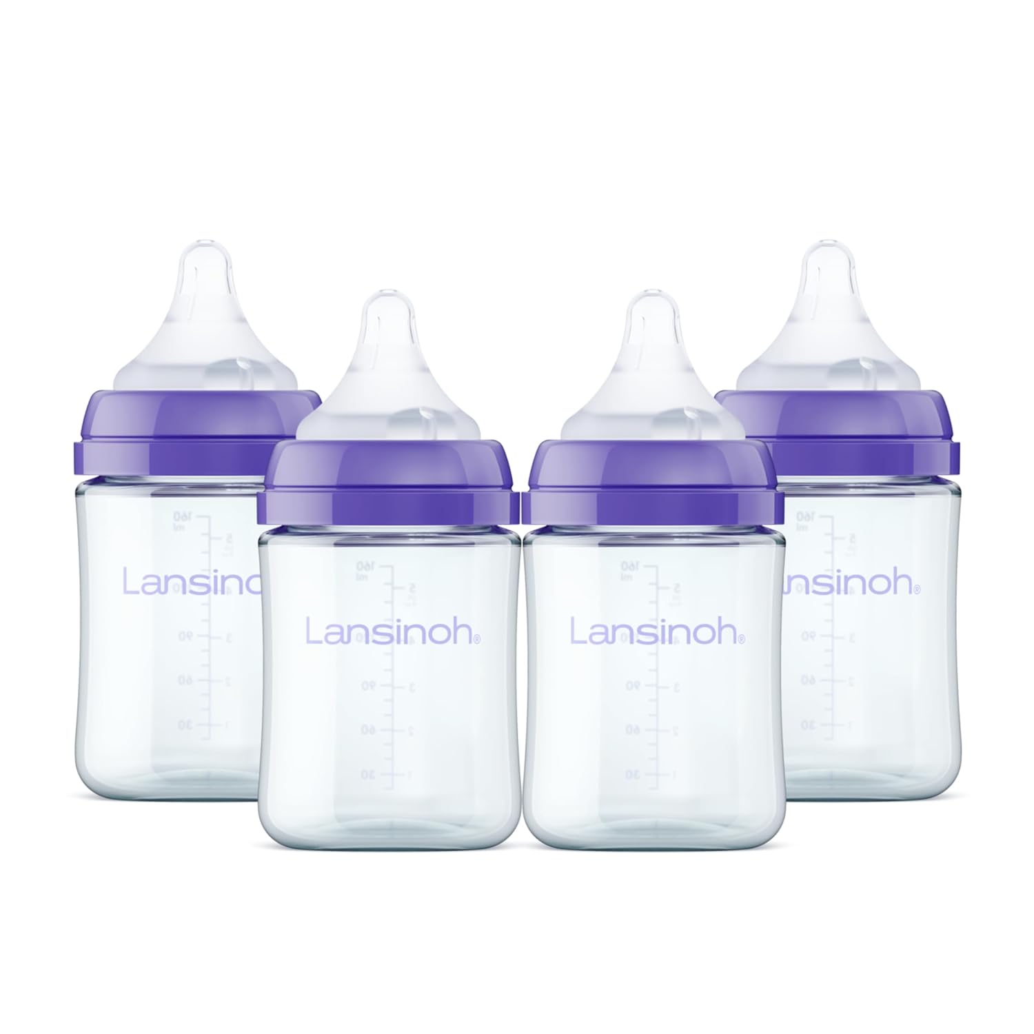 Lansinoh Anti-Colic Glass Baby Bottles, Purple Collar, 5 Ounces, 4 Count