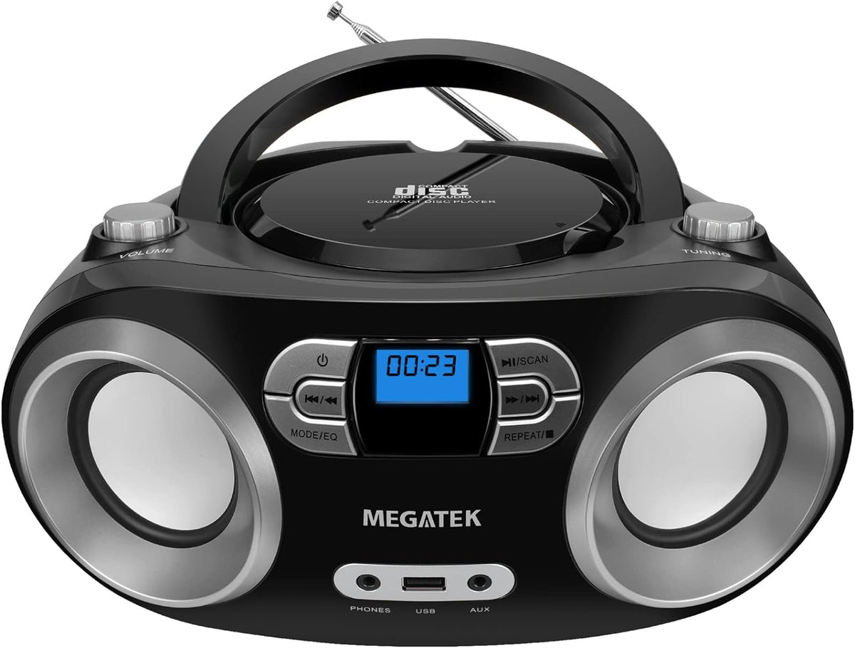 MEGATEK Portable CD Player Boombox with Bluetooth & FM Radio – Black