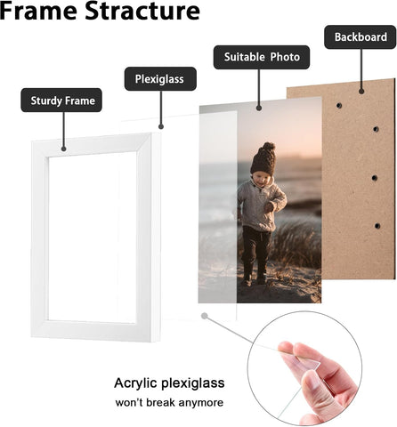 KINLINK 4x6 Picture Frame White Set of 4, Wooden Photo Frames with Plexiglass for 4x6 without Mat for Table and Wall Display