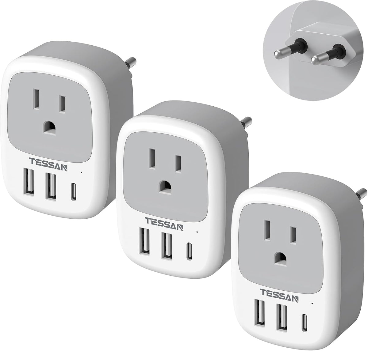 TESSAN 3 Pack US to European Travel Plug Adapter with 3 USB Ports (1 USB C)