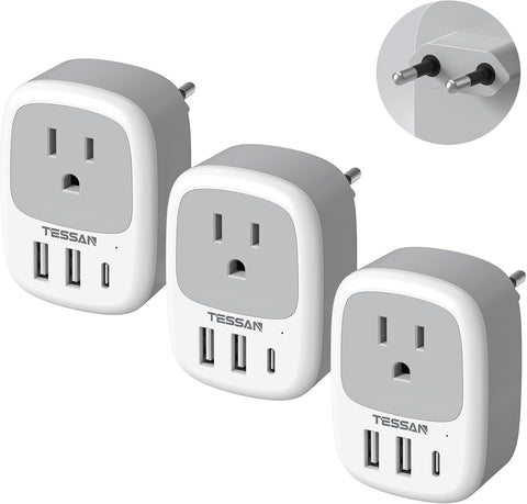 TESSAN 3 Pack US to European Travel Plug Adapter with 3 USB Ports (1 USB C)