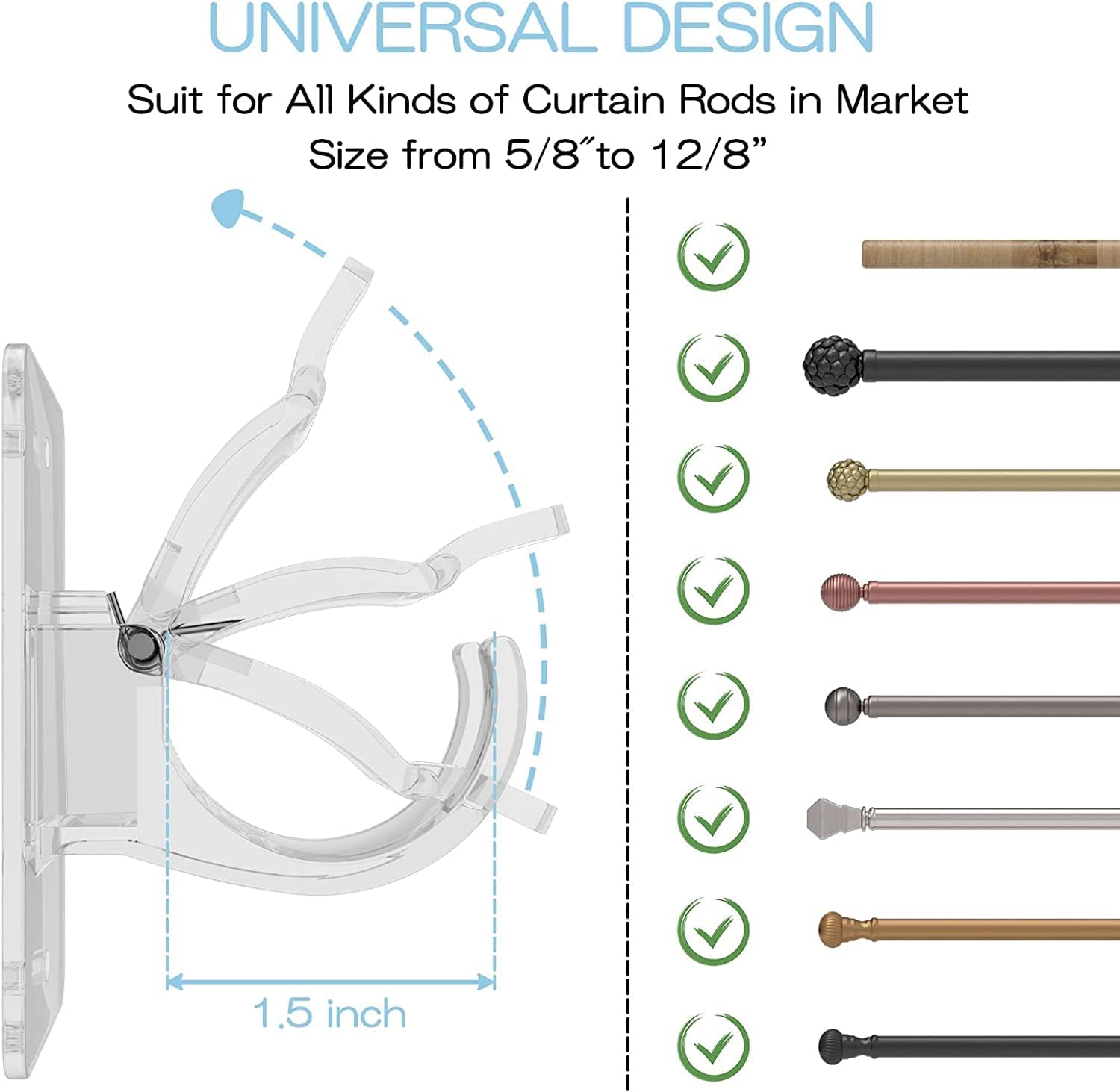 CIEMGNZOC 2PCS No Drill Curtain Brackets, Self-Adhesive Rods, Adjustable Curtain Hooks for Rods Under 1.57 Inch (Transparent)