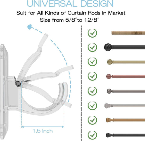 CIEMGNZOC 2PCS No Drill Curtain Brackets, Self-Adhesive Rods, Adjustable Curtain Hooks for Rods Under 1.57 Inch (Transparent)