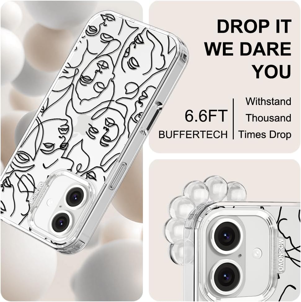 MOSNOVO Case for iPhone 16 Plus, [Buffertech 6.6ft Military-Grade Drop Protection] [Anti Peel Off Tech] Clear TPU Bumper Phone Case Cover Design - Abstract Face Line Art