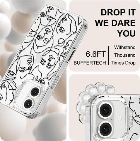 MOSNOVO Case for iPhone 16 Plus, [Buffertech 6.6ft Military-Grade Drop Protection] [Anti Peel Off Tech] Clear TPU Bumper Phone Case Cover Design - Abstract Face Line Art