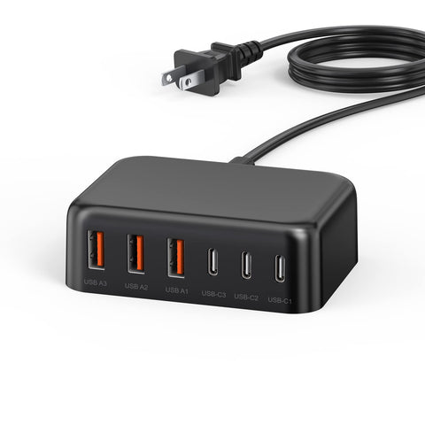 USB C Fast Charger, 100W GaN 6 Port Type USB C Charging Station Hub Block Cube, USB C Wall Charger Power Strip Adapter Plug for iPad iPhone 16 15 14 13 12 Pro Max Pixel Note Galaxy, 5ft Cord