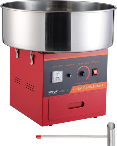 VEVOR Electric Cotton Candy Machine, 1000W Candy Floss Maker, Commercial Cotton Candy Machine with Stainless Steel Bowl, Sugar Scoop, and Drawer, Perfect for Home Kids Birthday, Family Party, Red